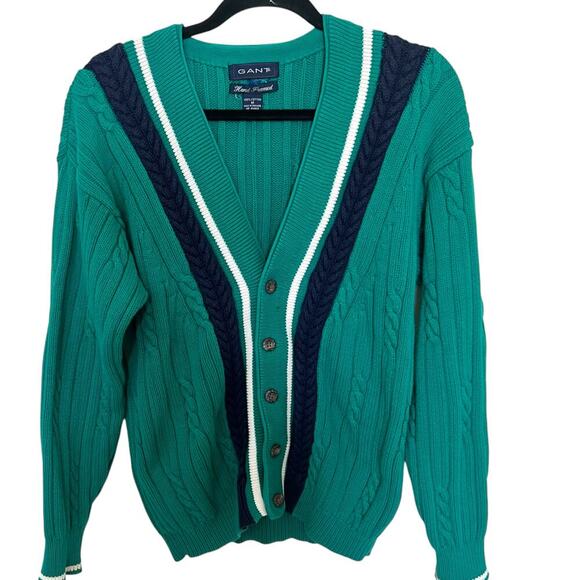 Gant Men’s Vintage 90s Hand Framed Cable Knot Cardigan Turquoise Navy Medium - Picture 1 of 9